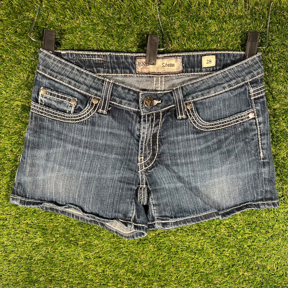 BKE Stella Denim Shorts Womens 28 Blue Low Rise Contrast Stitch Y2K